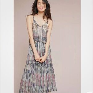Anthropologie Meadow Rue 8 Josie Tiered Midi Dress Party Cocktail Metallic